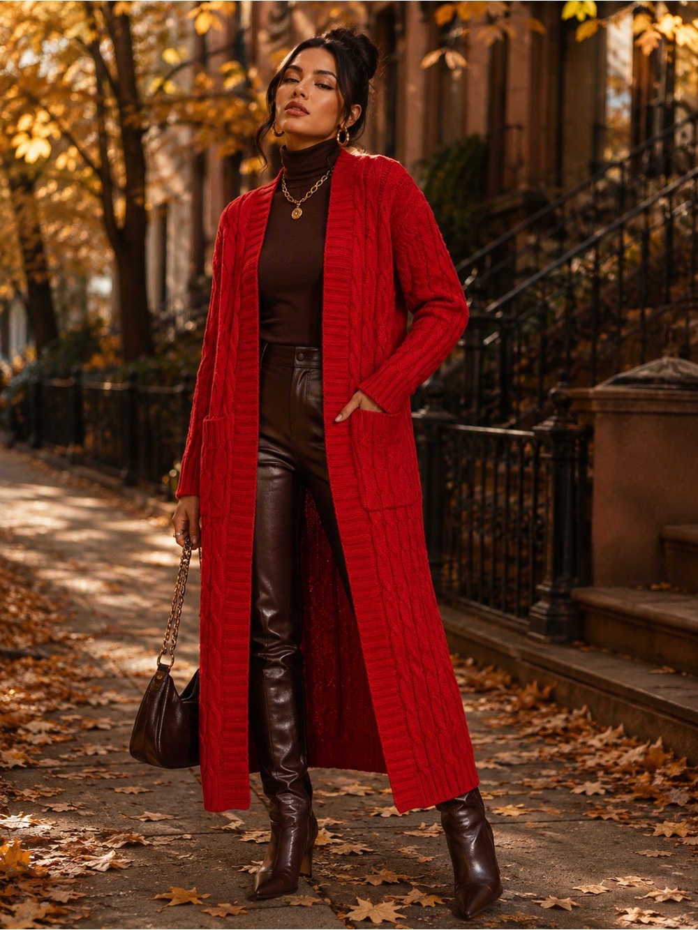 Long Red Cable-Knit Open Front Cardigan Sweater